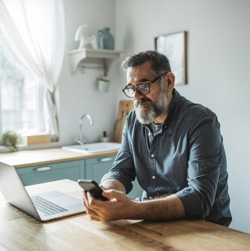 An older man with a beard and glasses looking at his phone while going through a divorce